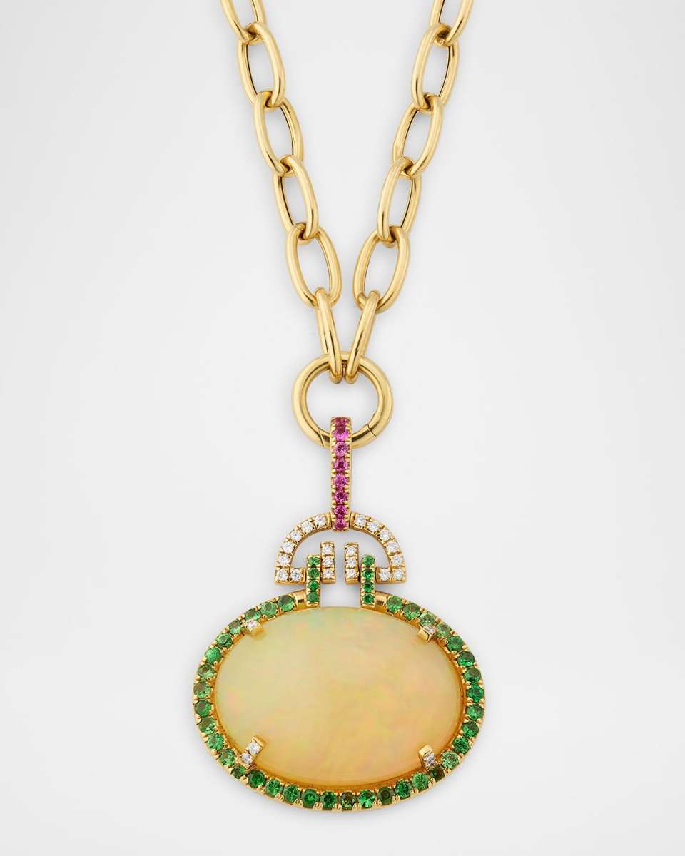 G-One 18K Yellow Gold Opal Oval Pendant Necklace with Tsavorite, Pink Sapphires and Diamonds